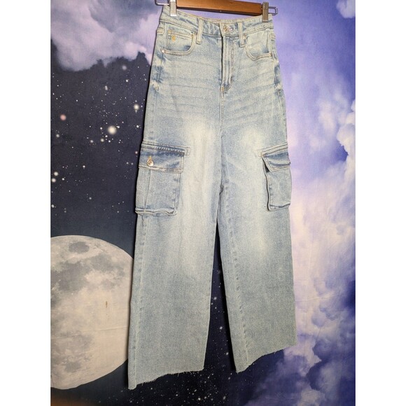 Juicy Couture Pink Logo Cargo Jeans Y2K Wide Leg Raw Hem Size 0/24 Lunita - Picture 9 of 10